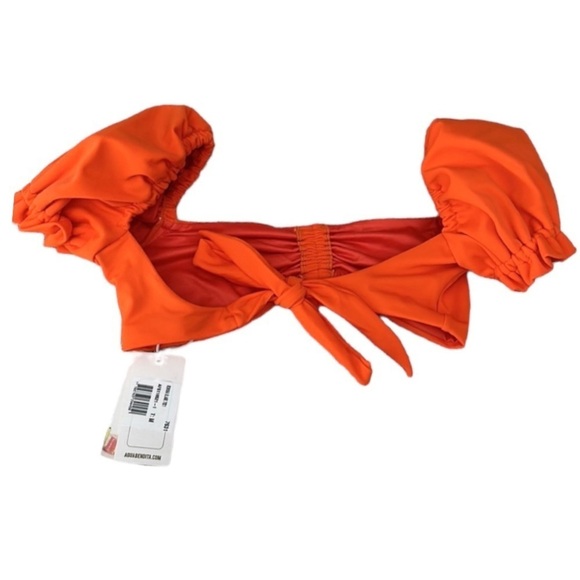 NEW Agua Bendita Romina Bikini Top Puff Sleeves Tie Back Orange - Picture 5 of 8